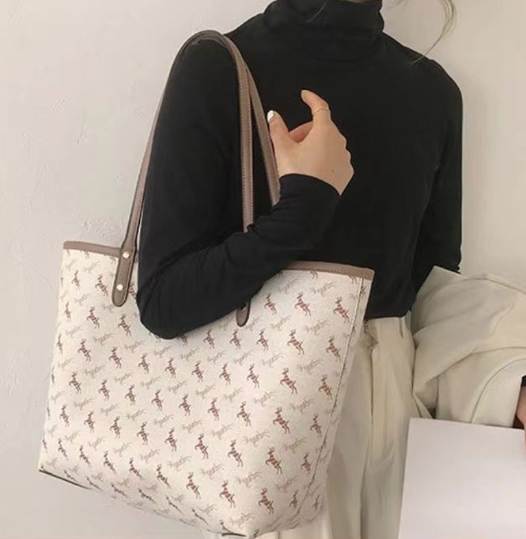 Geantă elegantă de damă Dollcini cu model - geantă clasică din piele PU maro cu motiv ecvestru, curea laterală reglabilă, albă