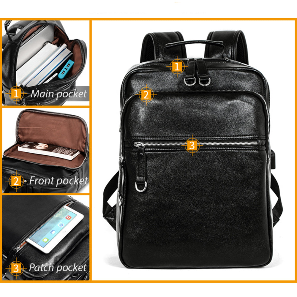 Rucsac Dollcini din piele naturală pentru bărbați - business, hidrofug, pentru laptop de 15,6", stil premium, negru