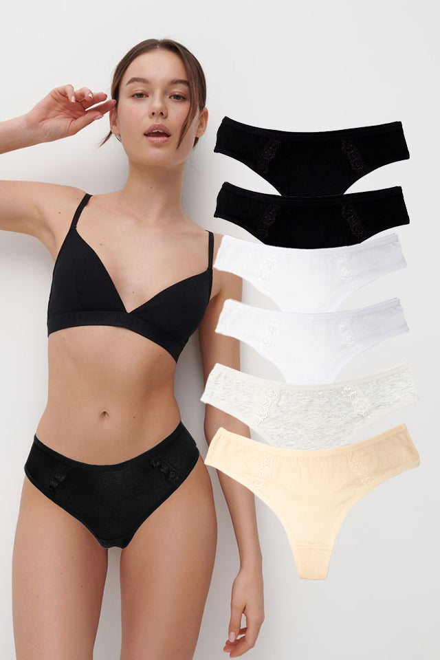 Dollcini, Tanga pentru femei, 95% bumbac + spandex - Multicolor, pachet de 6 bucăți, 34072
