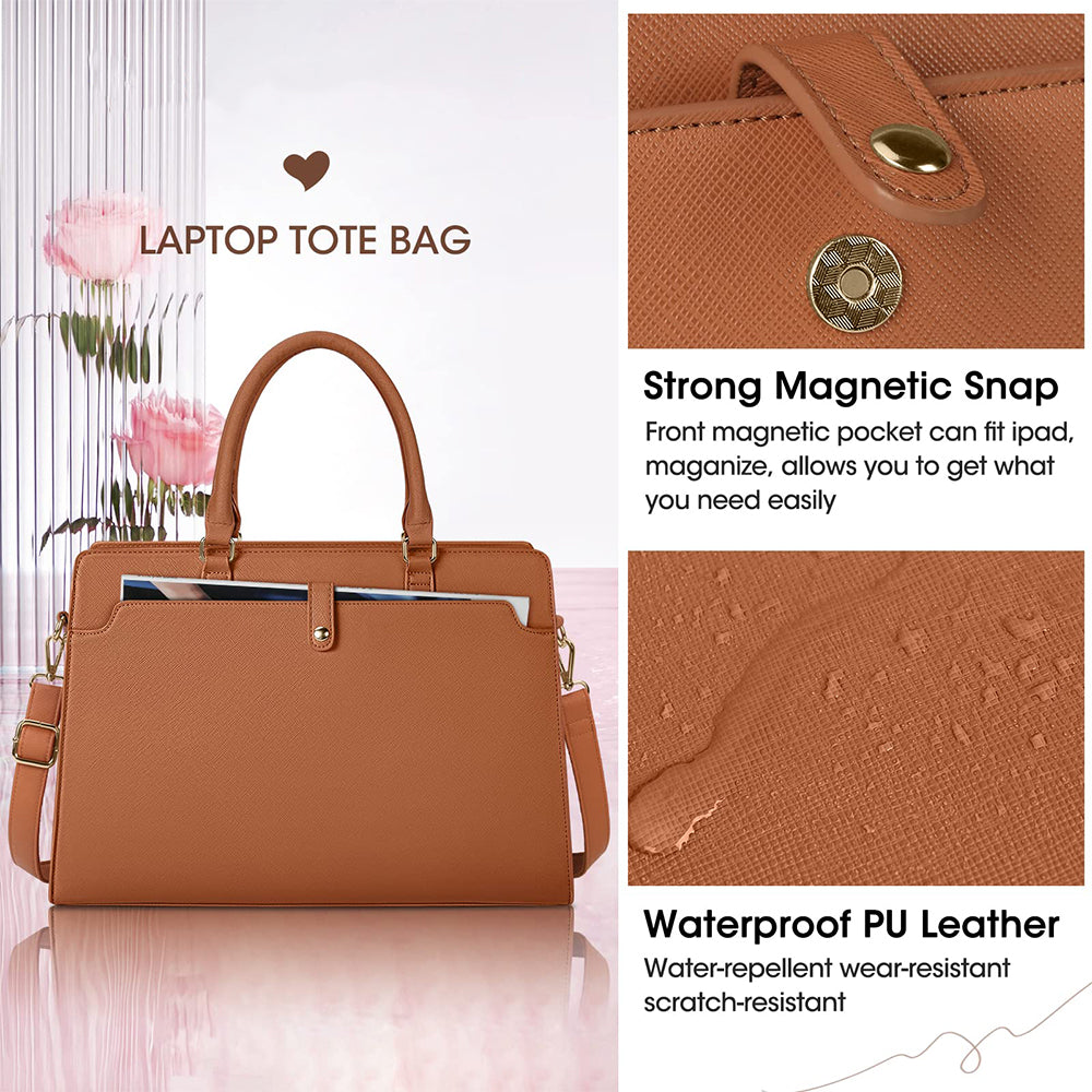 Dollcini Geantă de laptop pentru femei – Geantă de umăr din piele ecologică impermeabilă, pentru laptop de 15,6"