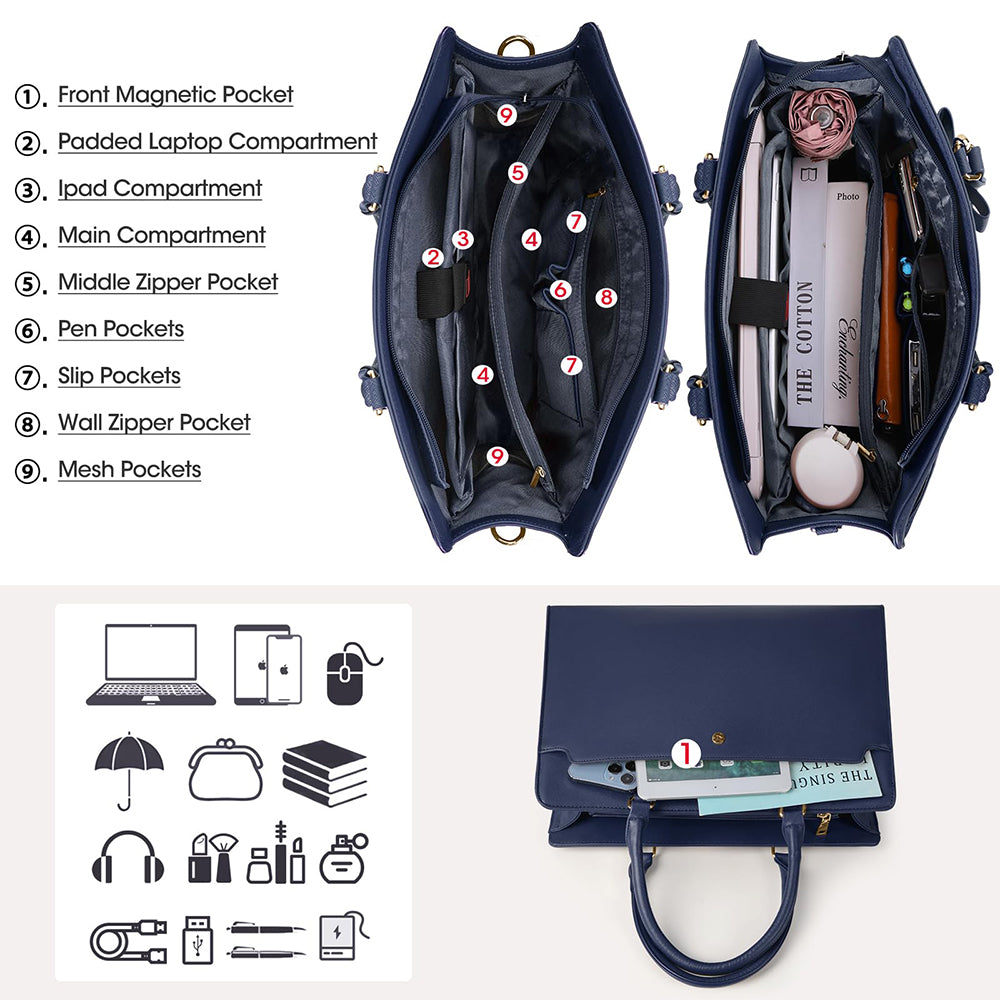 Dollcini Geantă de laptop pentru femei – Geantă de umăr din piele ecologică impermeabilă, pentru laptop de 15,6"