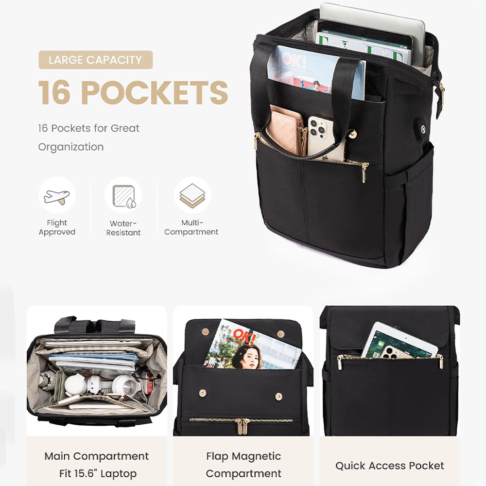 Rucsac pentru laptop Dollcini pentru femei, rucsac portabil impermeabil de mare capacitate cu port USB, set de 2 piese, negru