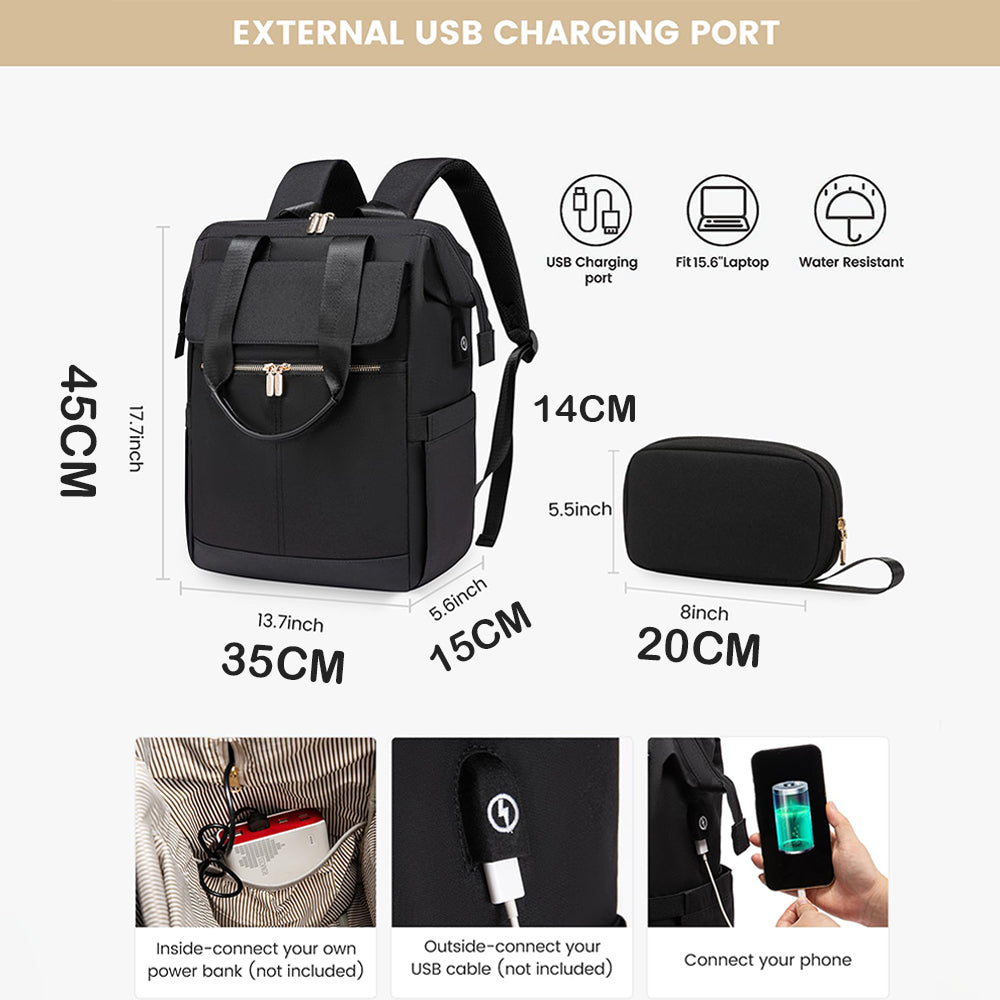 Rucsac pentru laptop Dollcini pentru femei, rucsac portabil impermeabil de mare capacitate cu port USB, set de 2 piese, negru