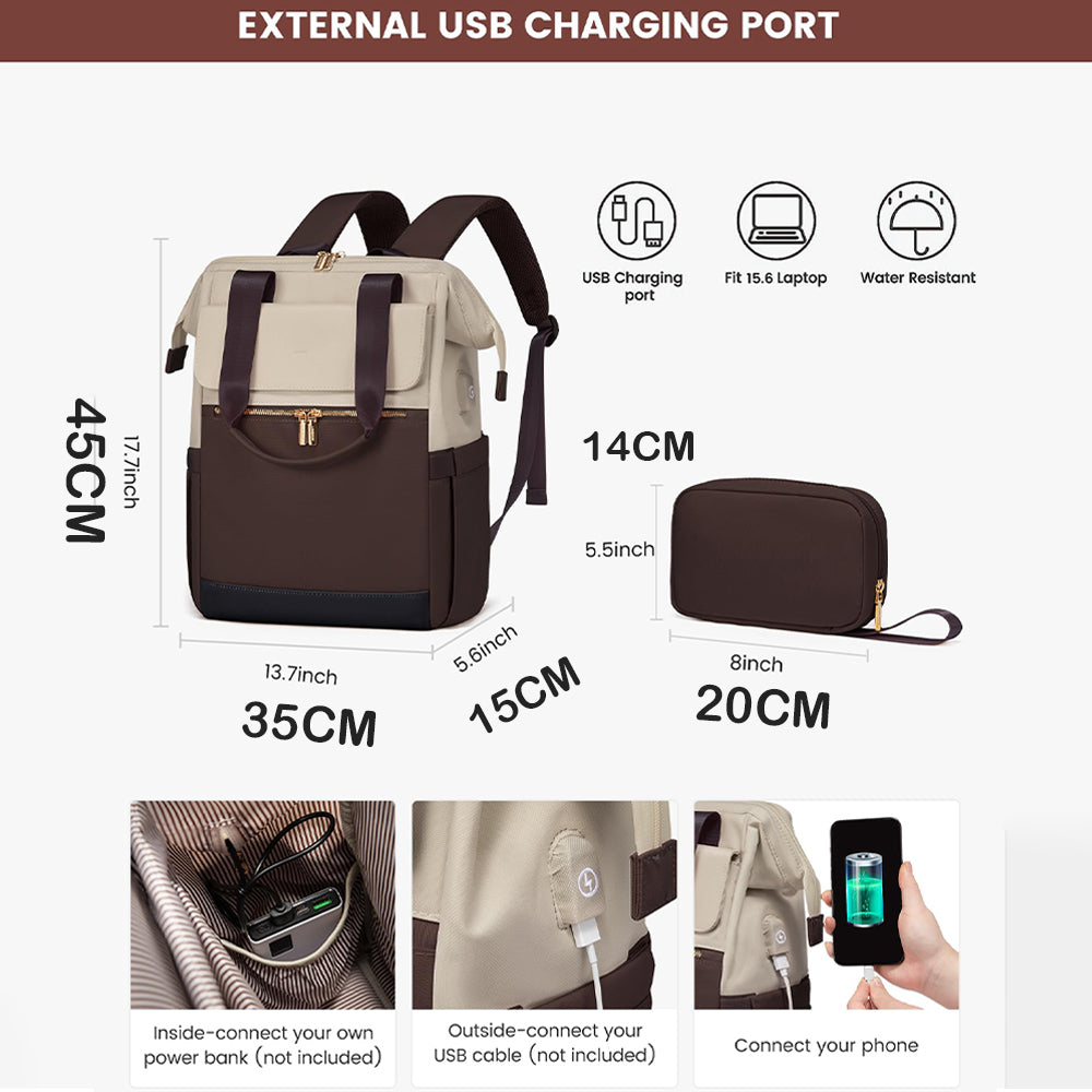 Rucsac pentru laptop Dollcini pentru femei, rucsac portabil impermeabil de mare capacitate cu port USB, set de 2 piese, negru