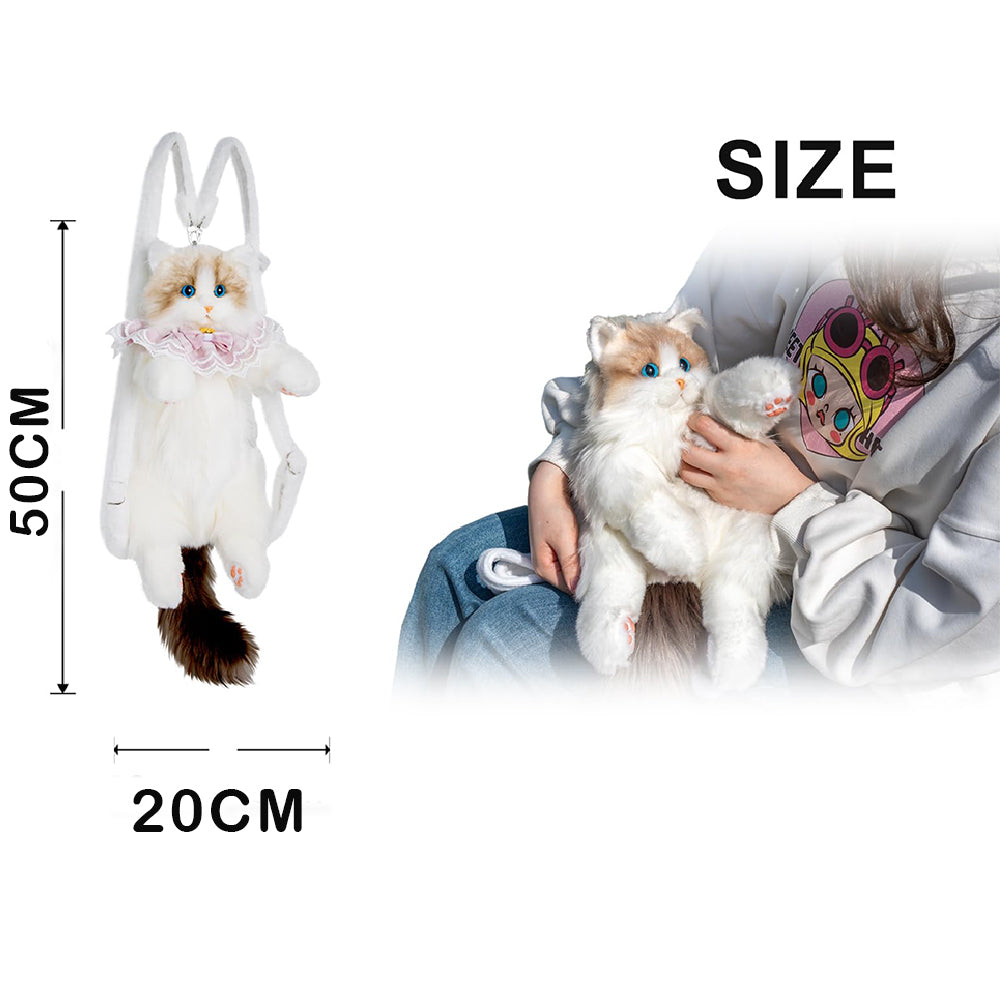 Rucsac de pluș realist în formă de pisică pentru fete - Geantă adorabilă cu pisică, cu bretea detașabilă și buzunar cu fermoar, alb