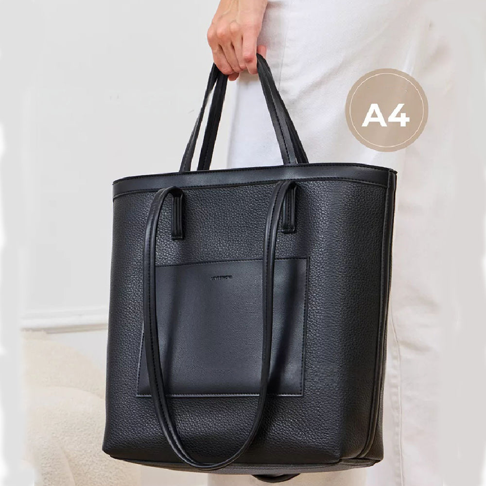 Dollcini Minimalistă Neagră Geantă mare de umăr pentru femei – Geantă de birou din piele vegană pentru laptop de 17",negru