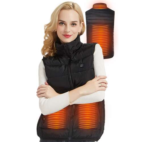 Dollcini, Vestă elegantă încălzită pentru femei, Vestă de iarnă, cu sistem de încălzire USB, Jachetă izolată electric rezistentă la vânt, Negru