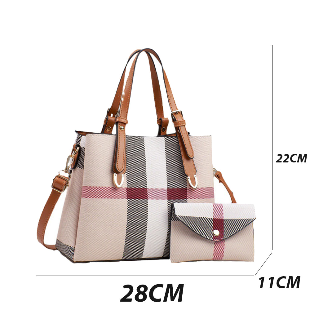 Dollcini Set Geantă și Portofel pentru Femei – Geantă de Mână Elegantă din Piele Ecologică cu Model în Carouri