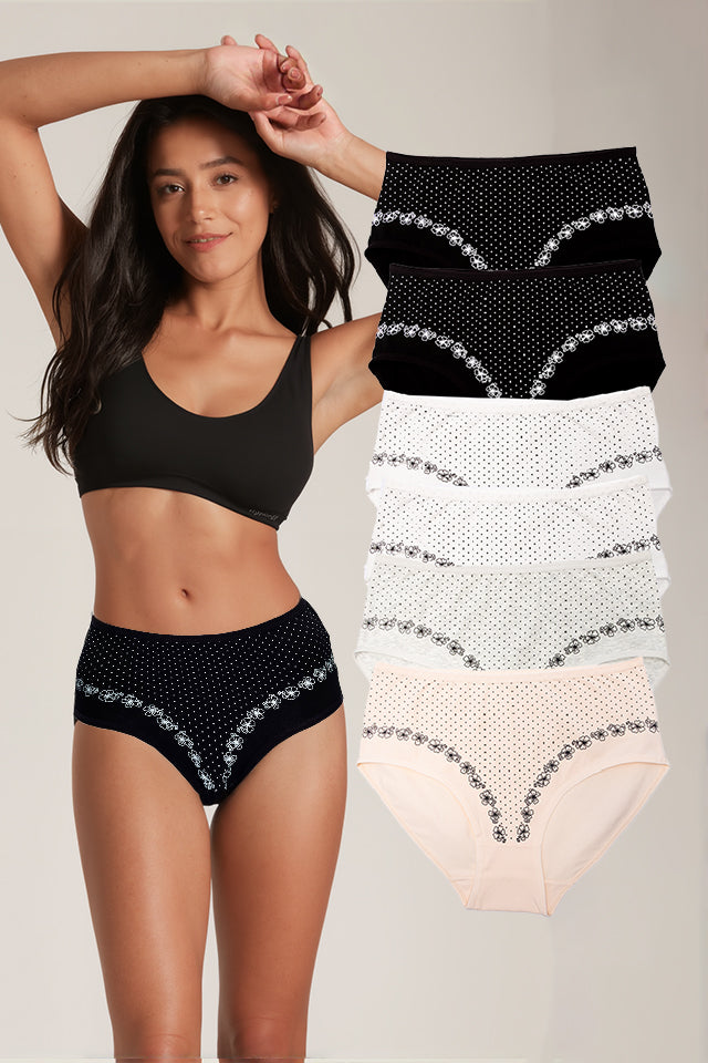 Dollcini, Chiloți damă cu talie înaltă, 95% bumbac + spandex - Multicolor, pachet de 6 bucăți, 69482