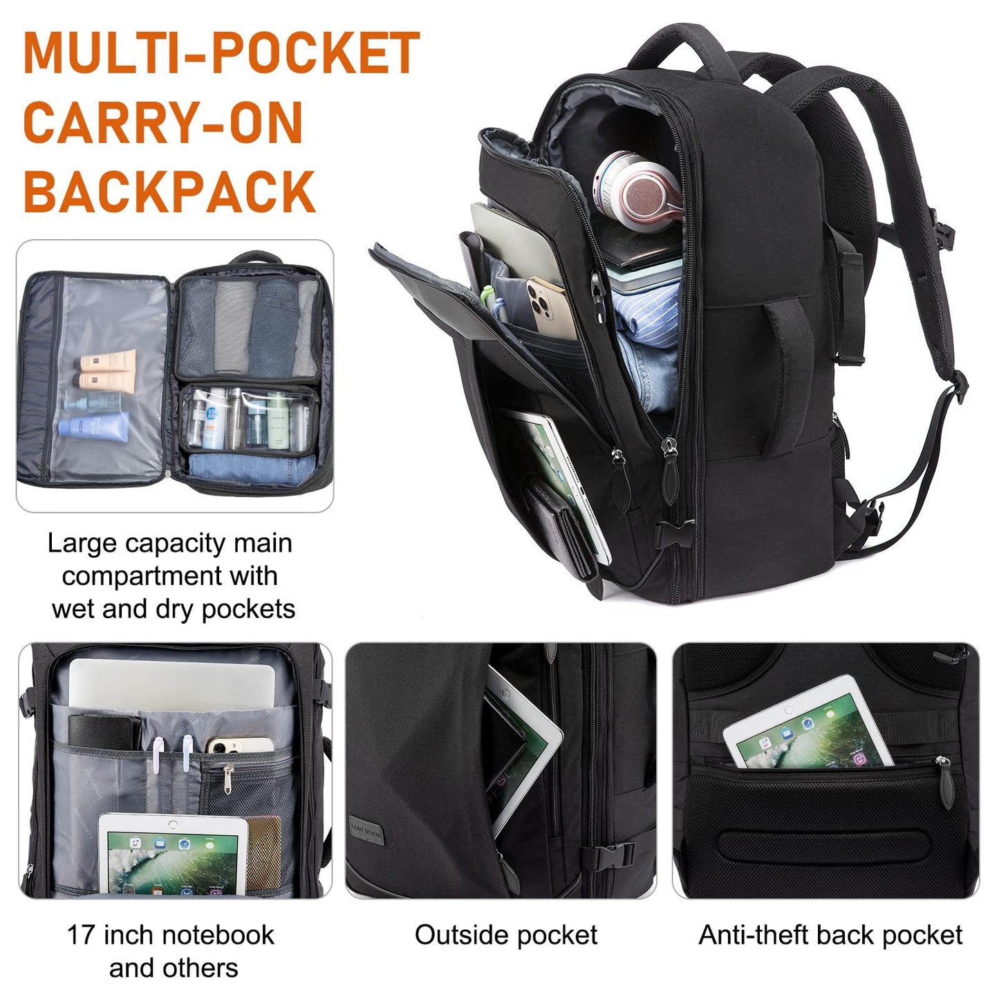 Rucsac de călătorie minimalist extensibil Dollcini – cu buzunare organizatoare, compatibil cu companiile aeriene, negru