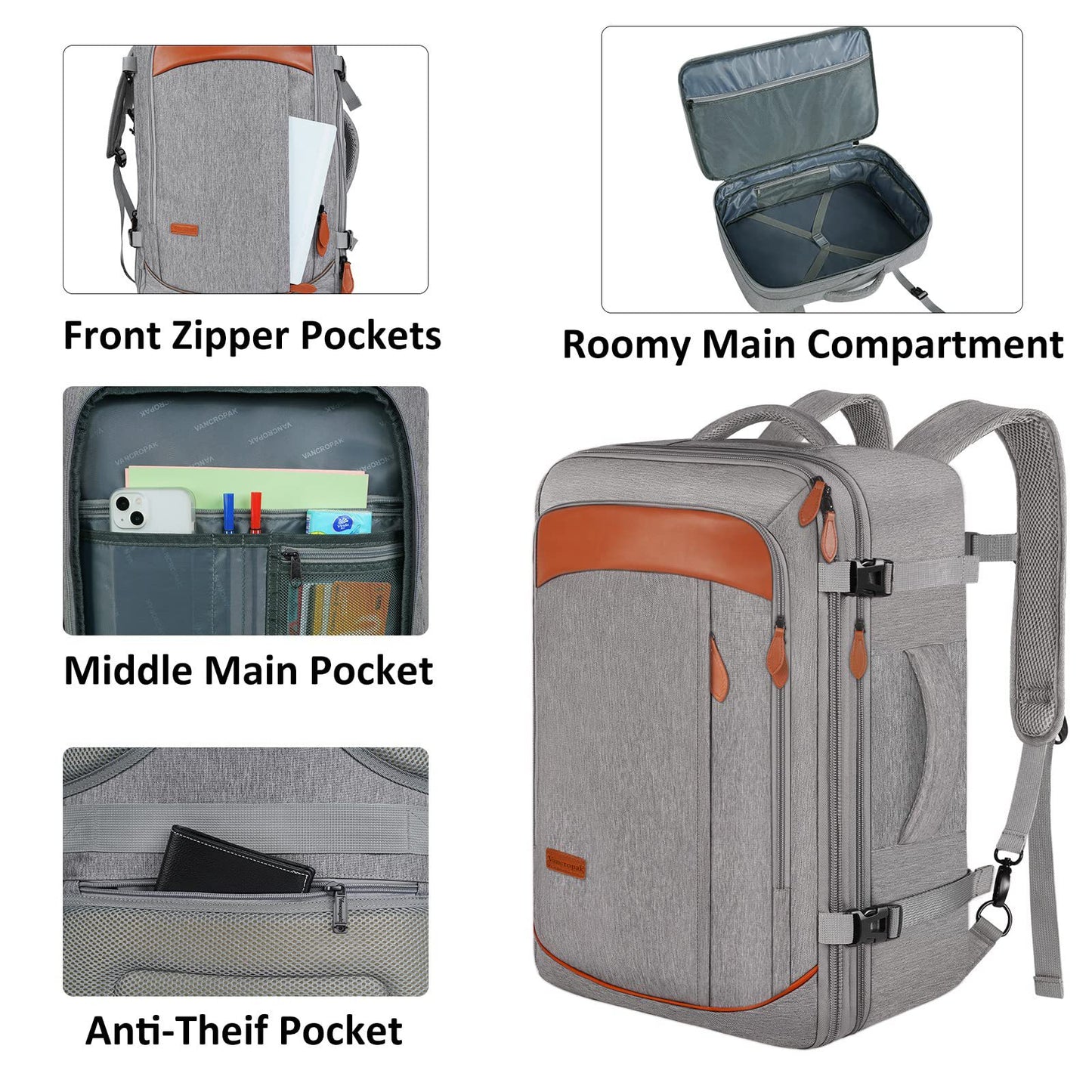 Rucsac de călătorie minimalist extensibil Dollcini – cu buzunare organizatoare, compatibil cu companiile aeriene, negru