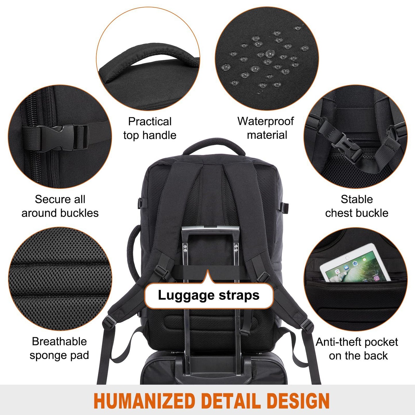 Rucsac de călătorie minimalist extensibil Dollcini – cu buzunare organizatoare, compatibil cu companiile aeriene, negru