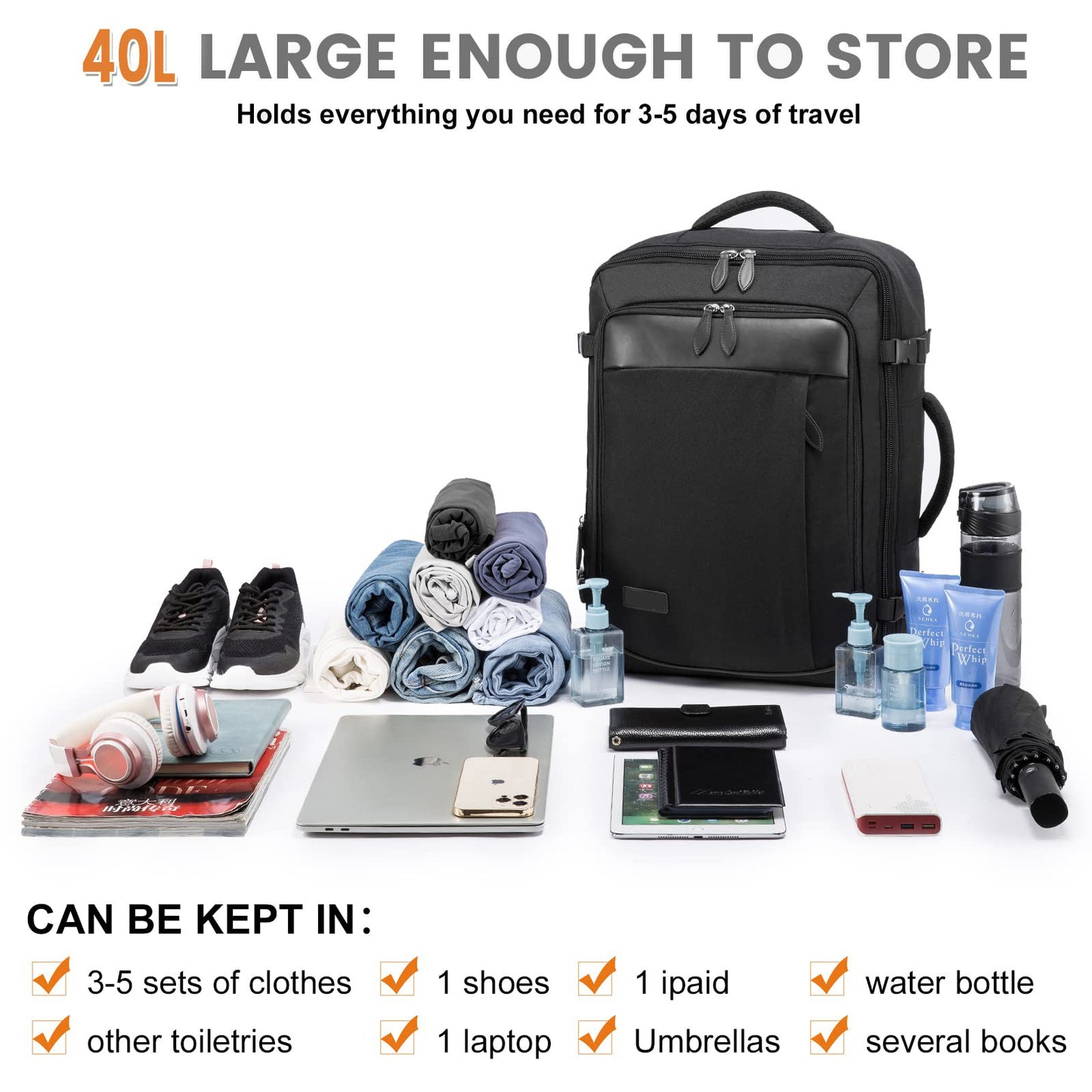 Rucsac de călătorie minimalist extensibil Dollcini – cu buzunare organizatoare, compatibil cu companiile aeriene, negru
