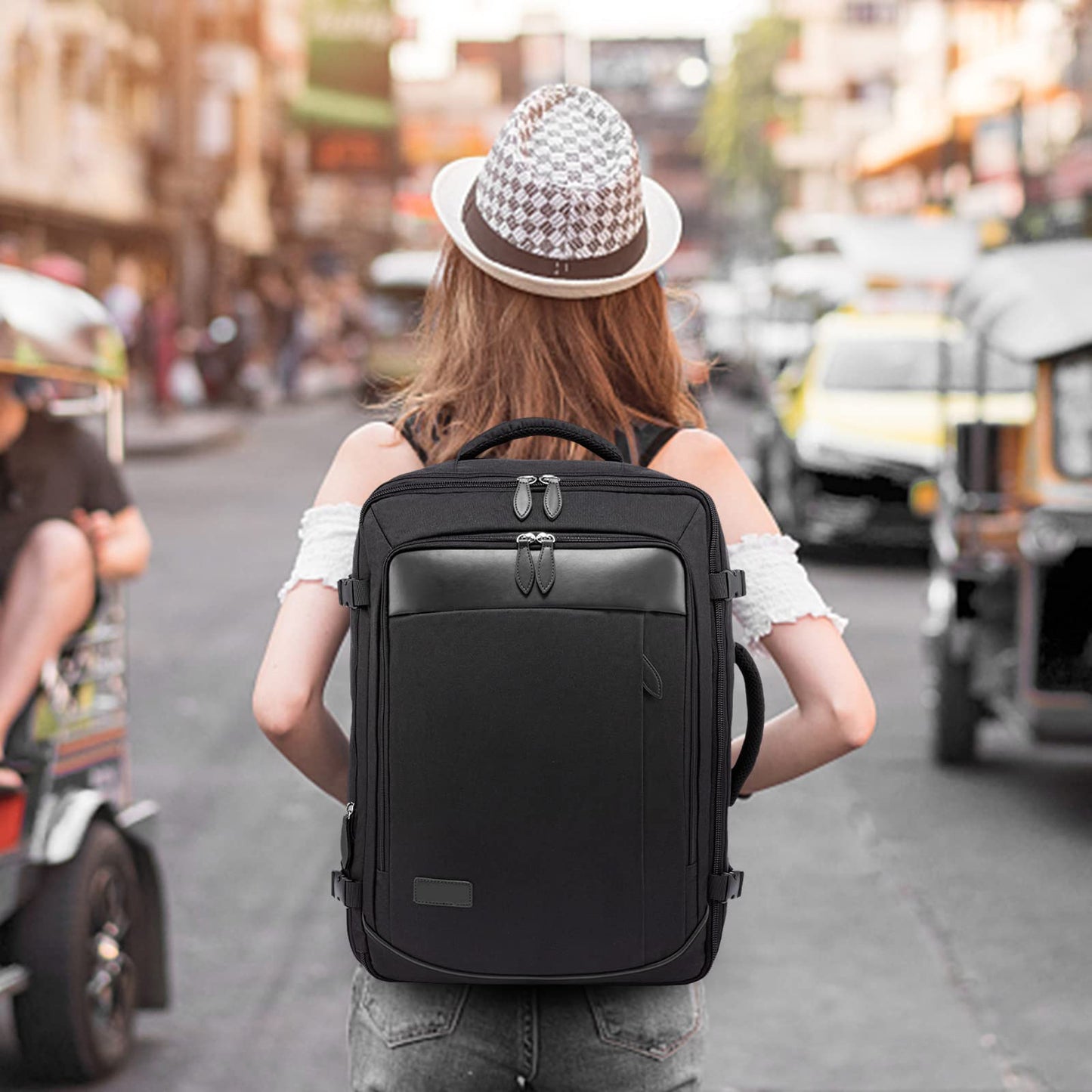 Rucsac de călătorie minimalist extensibil Dollcini – cu buzunare organizatoare, compatibil cu companiile aeriene, negru