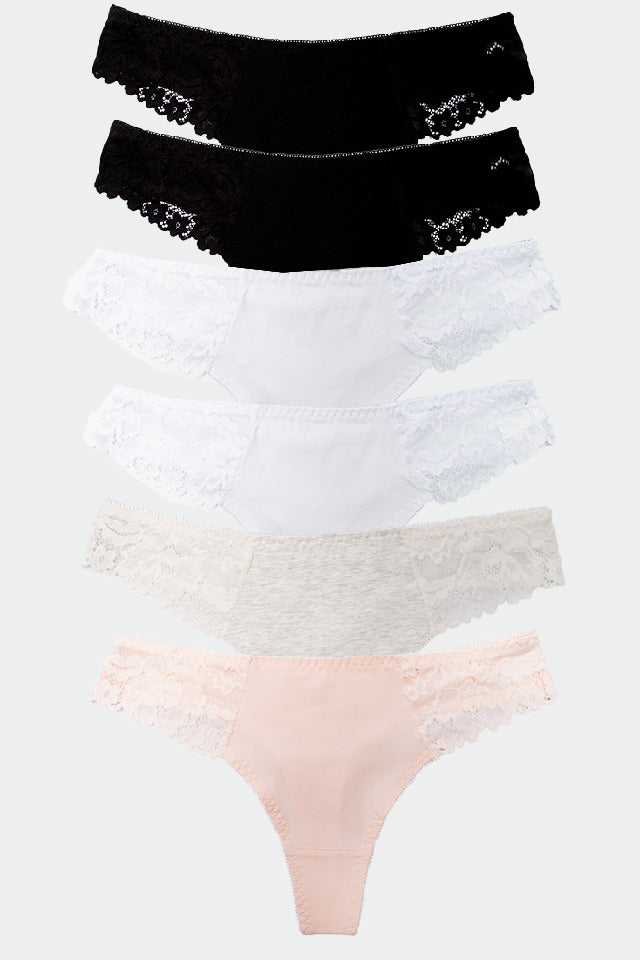 Dollcini, Tanga pentru femei, Chiloți din dantelă pentru femei, 95% bumbac + spandex - Multicolor, Pachet de 6 bucăți