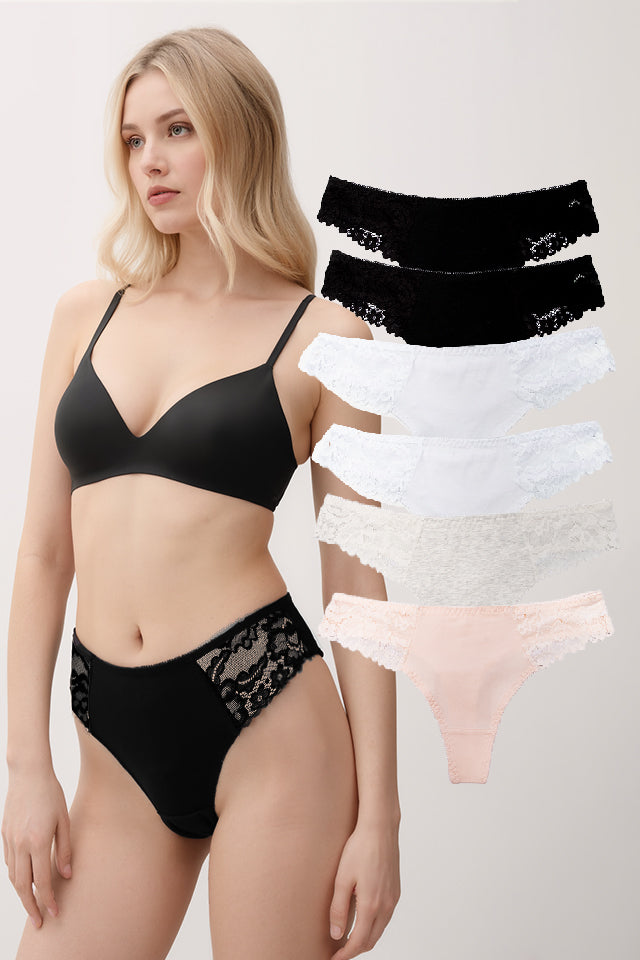 Dollcini, Tanga pentru femei, Chiloți din dantelă pentru femei, 95% bumbac + spandex - Multicolor, Pachet de 6 bucăți