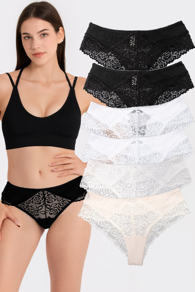 Dollcini, Chiloți clasici pentru femei, Chiloți brazilieni pentru femei, Chiloți dantela pentru femei – 95% bumbac + spandex, multicolor, pachet de 6 bucăți