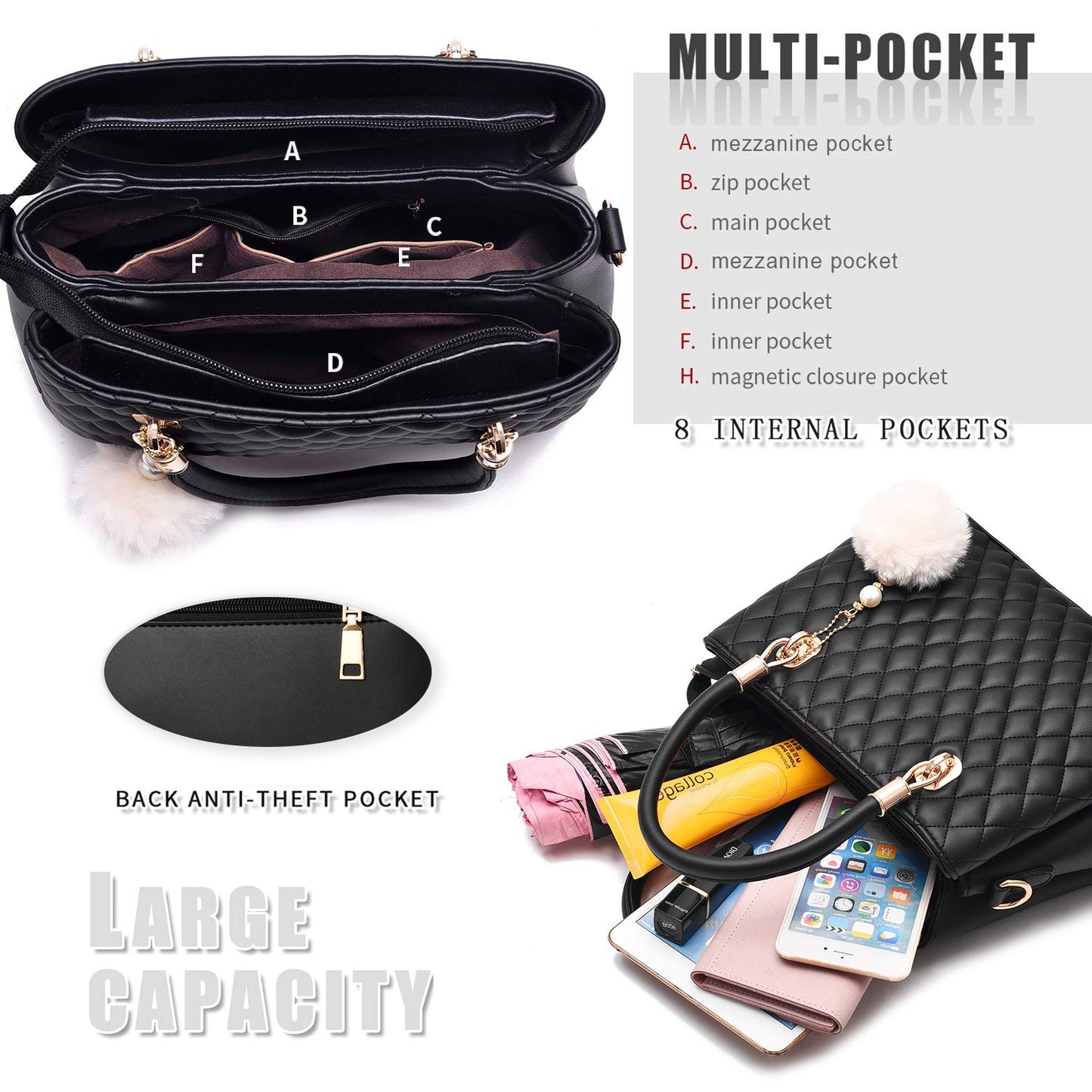 Geantă de damă Dollcini clasică și elegantă - piele PU premium, design matlasat, accesorii aurii și curea detașabilă, culori multiple