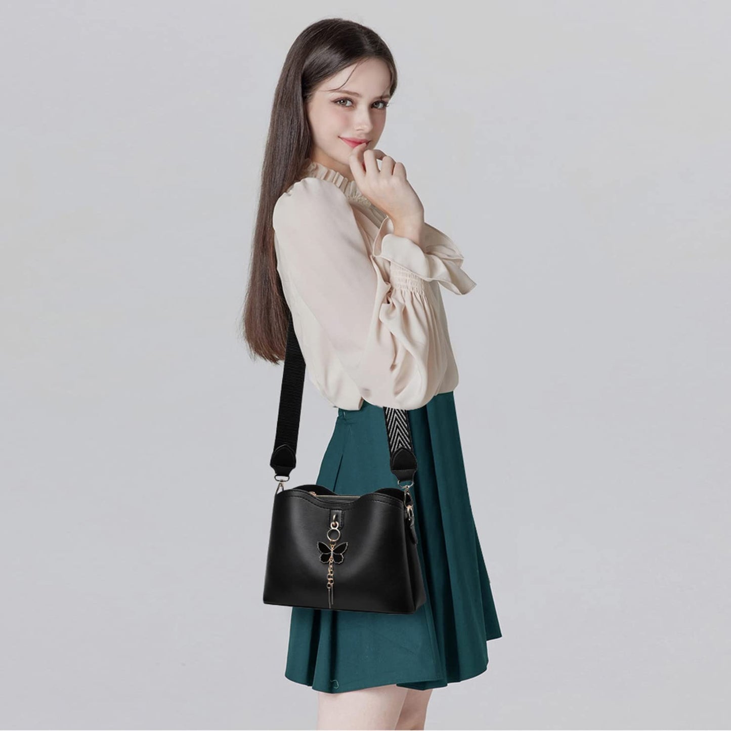 Geantă elegantă de damă Dollcini din piele PU cu pandantiv fluture - curea de umăr reglabilă, dimensiuni compacte, culori multiple