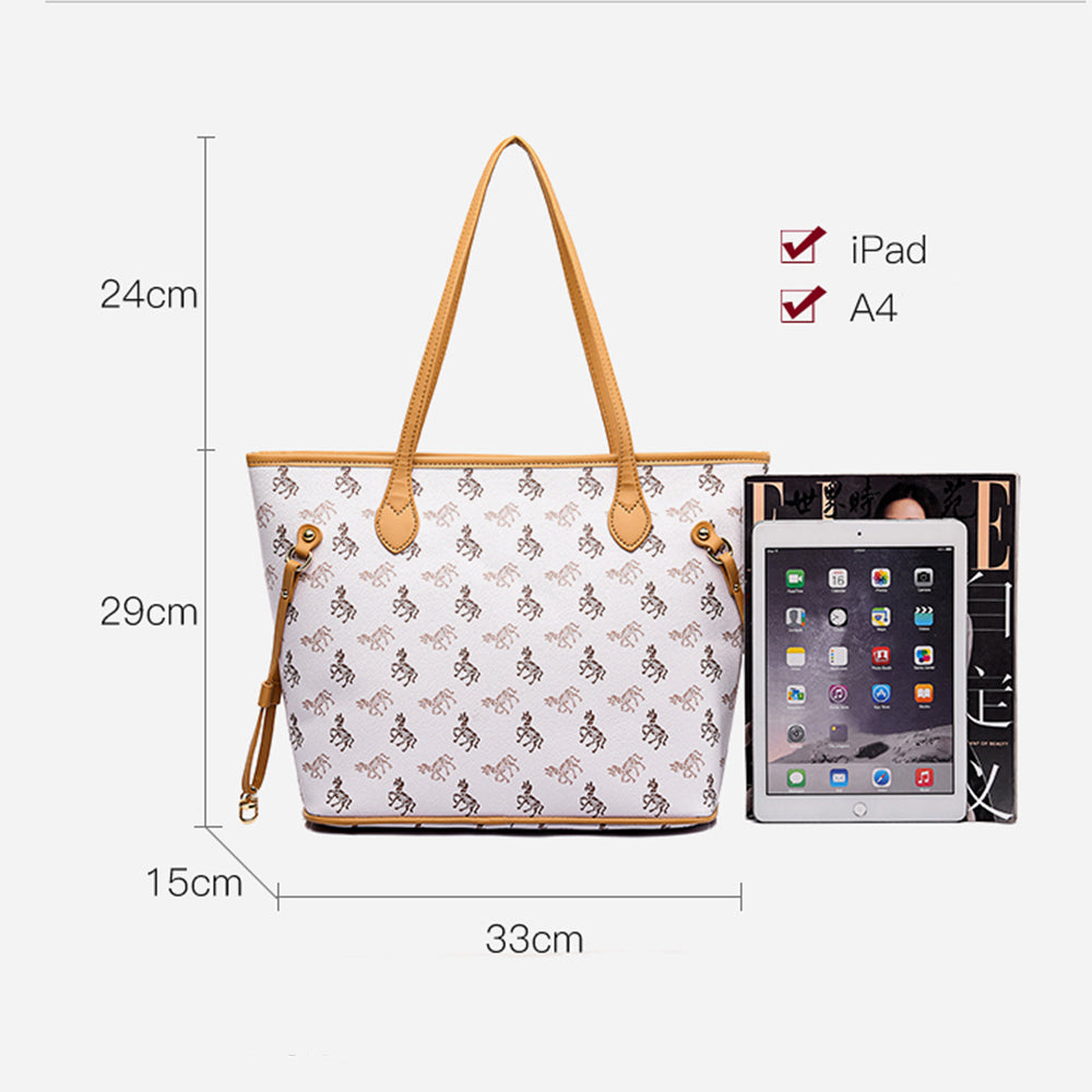 Geantă elegantă de damă Dollcini cu model - geantă clasică din piele PU maro cu motiv ecvestru, curea laterală reglabilă, albă