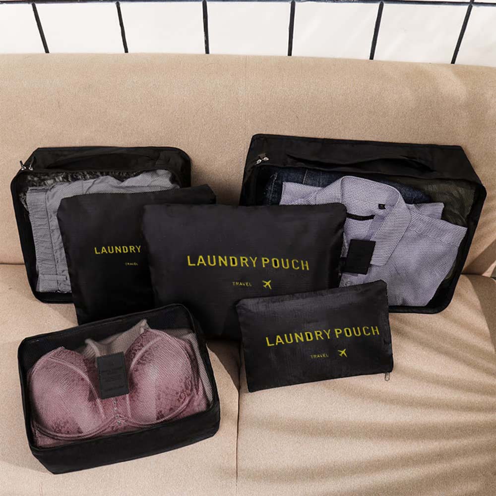 Dollcini, Set de genți de voiaj cu 6 piese – Set organizator din nailon impermeabil pentru haine (negru / roz / albastru)