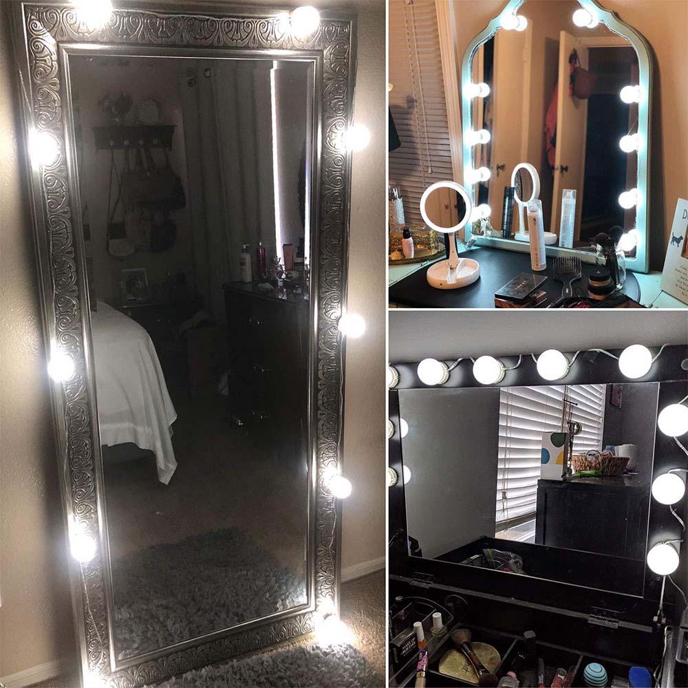 Oglindă de machiaj cu LED Dollcini în stil Hollywood – Oglindă de machiaj cu lumină reglabilă, montată pe perete