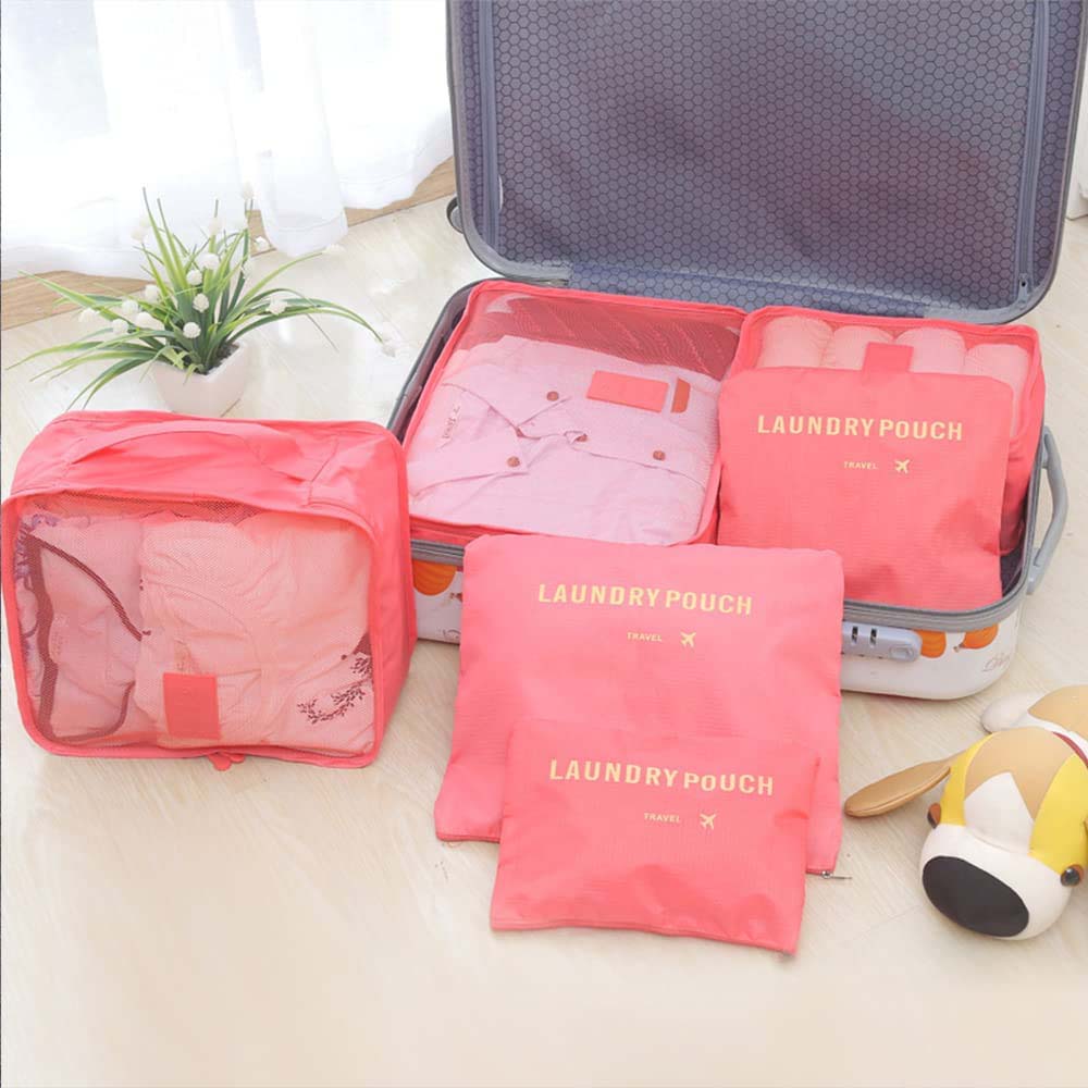 Dollcini, Set de genți de voiaj cu 6 piese – Set organizator din nailon impermeabil pentru haine (negru / roz / albastru)