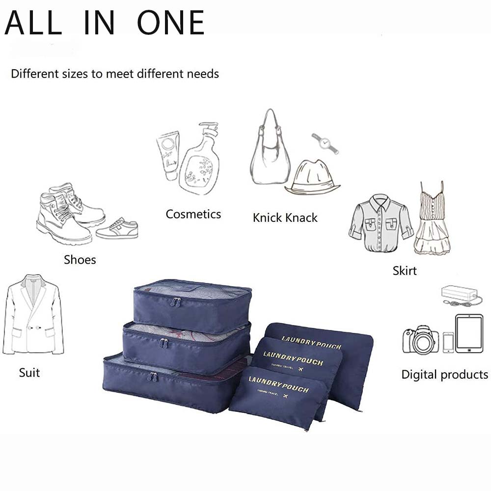 Dollcini, Set de genți de voiaj cu 6 piese – Set organizator din nailon impermeabil pentru haine (negru / roz / albastru)