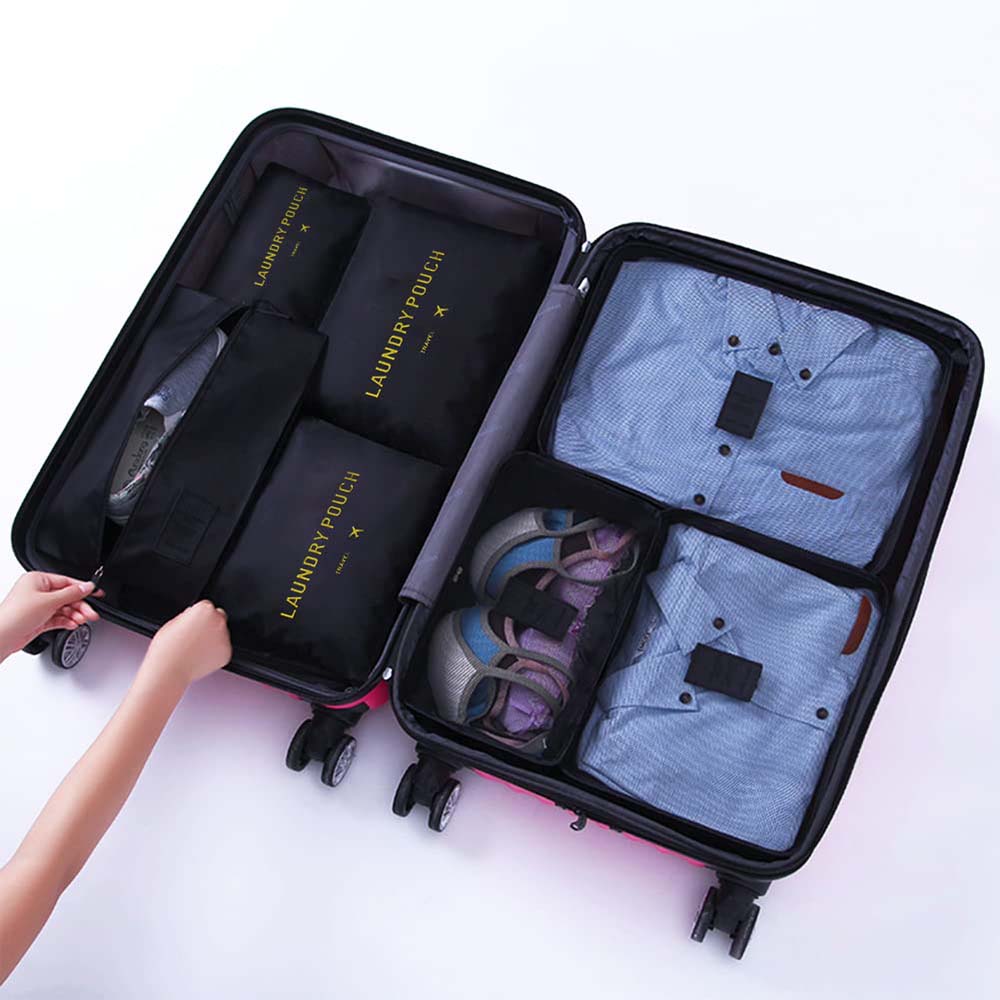 Dollcini, Set de genți de voiaj cu 6 piese – Set organizator din nailon impermeabil pentru haine (negru / roz / albastru)