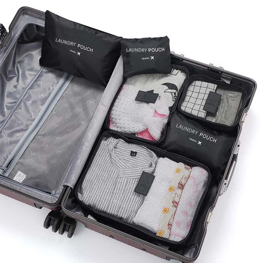 Dollcini, Set de genți de voiaj cu 6 piese – Set organizator din nailon impermeabil pentru haine (negru / roz / albastru)