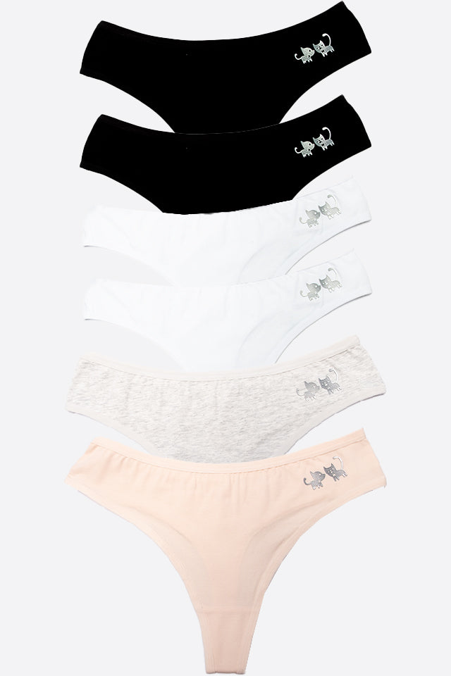 Dollcini, Chiloți tanga damă, Chiloți damă cu model pisică, 95% bumbac + spandex, Multicolor, Pachet de 6 bucăți