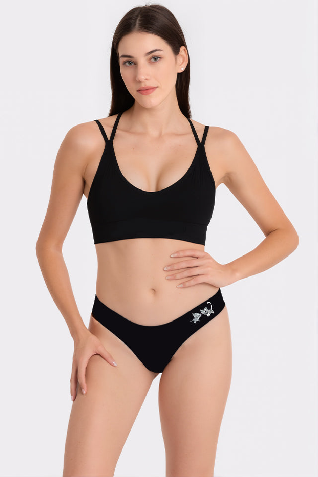 Dollcini, Chiloți tanga damă, Chiloți damă cu model pisică, 95% bumbac + spandex, Multicolor, Pachet de 6 bucăți