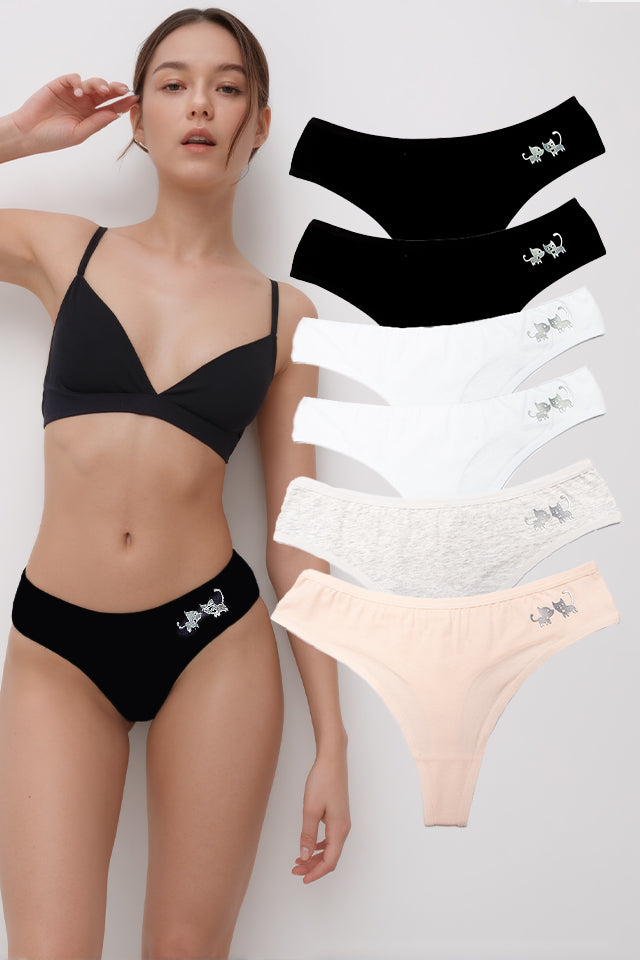 Dollcini, Chiloți tanga damă, Chiloți damă cu model pisică, 95% bumbac + spandex, Multicolor, Pachet de 6 bucăți