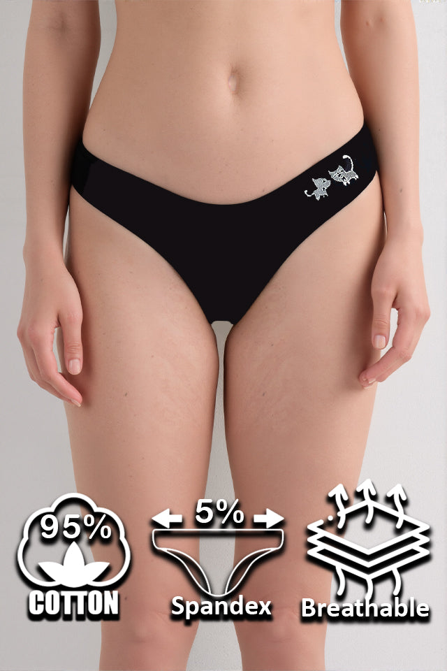 Dollcini, Chiloți tanga damă, Chiloți damă cu model pisică, 95% bumbac + spandex, Multicolor, Pachet de 6 bucăți