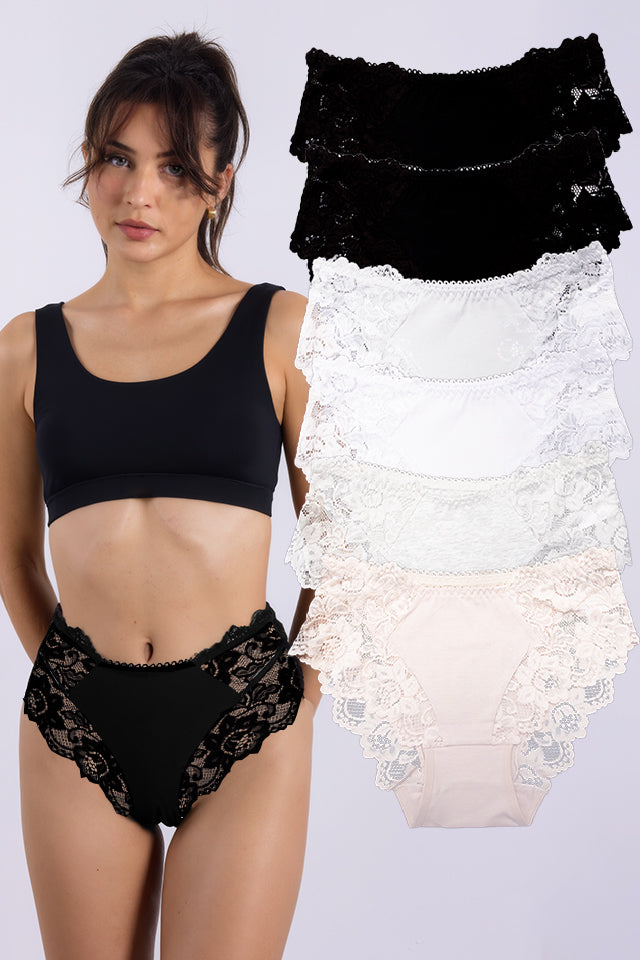 Dollcini, Chiloți damă cu talie înaltă, Chiloți brazilieni pentru femei, Chiloți damă cu dantelă și imprimeu floral - 95% bumbac + spandex, Multicolor, Pachet de 6 bucăți