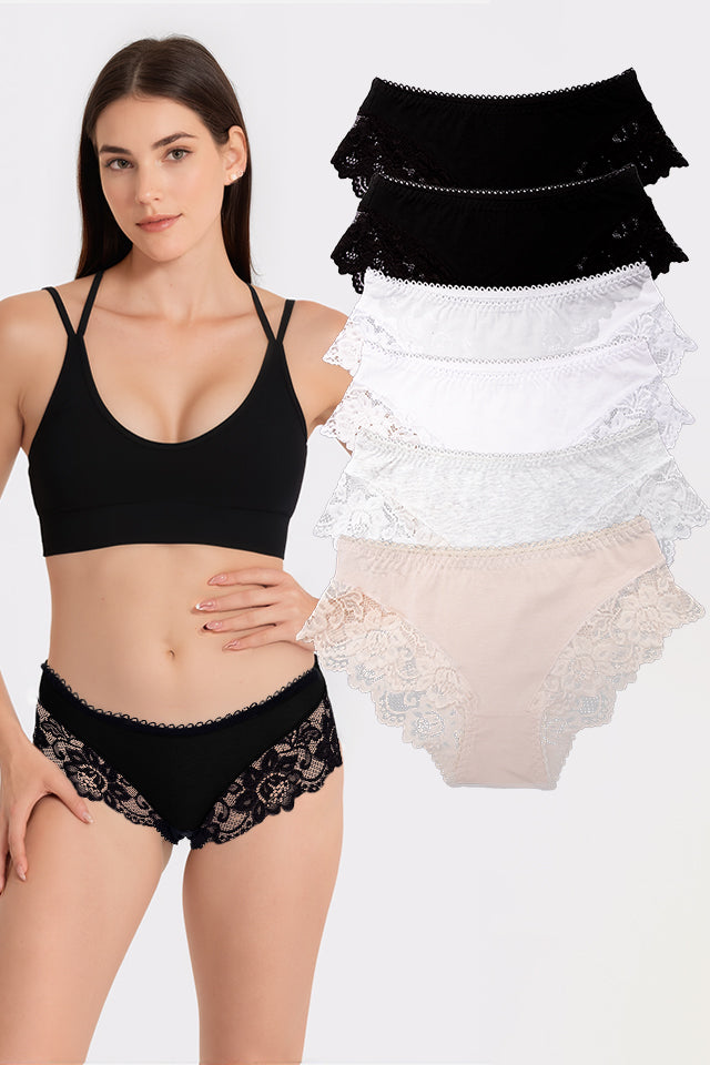 Dollcini, Chiloți clasici pentru femei, Chiloți brazilieni pentru femei, Chiloți pentru femei cu dantelă și model floral, 95% bumbac + spandex - Multicolor, Pachet de 6 bucăți