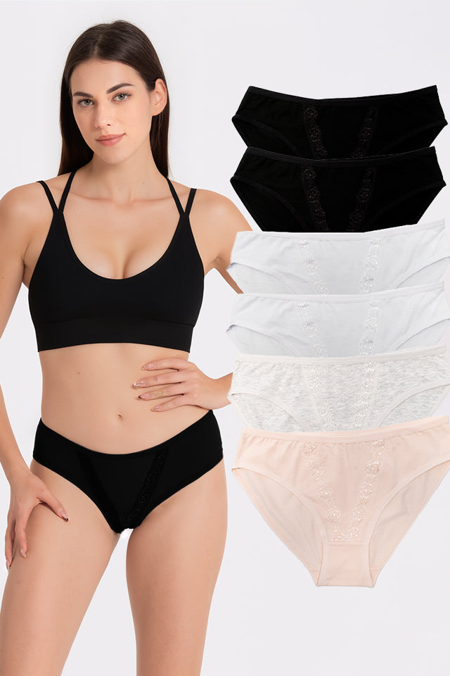 Dollcini, Chiloți clasici pentru femei, chiloți brazilieni pentru femei, 95% bumbac + spandex - multicolor, pachet de 6 bucăți, 89412