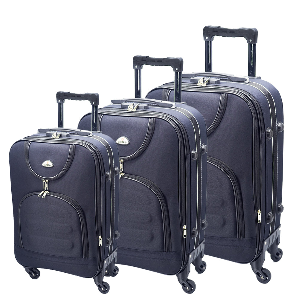 Set de valize Dollcini 3/5 piese cu capac moale – geantă de călătorie extensibilă cu 4 roți, negru/albastru închis