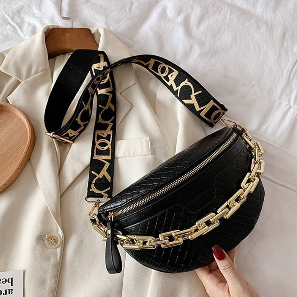 Geantă de umăr elegantă Dollcini din piele PU neagră – Geantă mini crossbody cu curea aurie pentru femei, Culori multiple