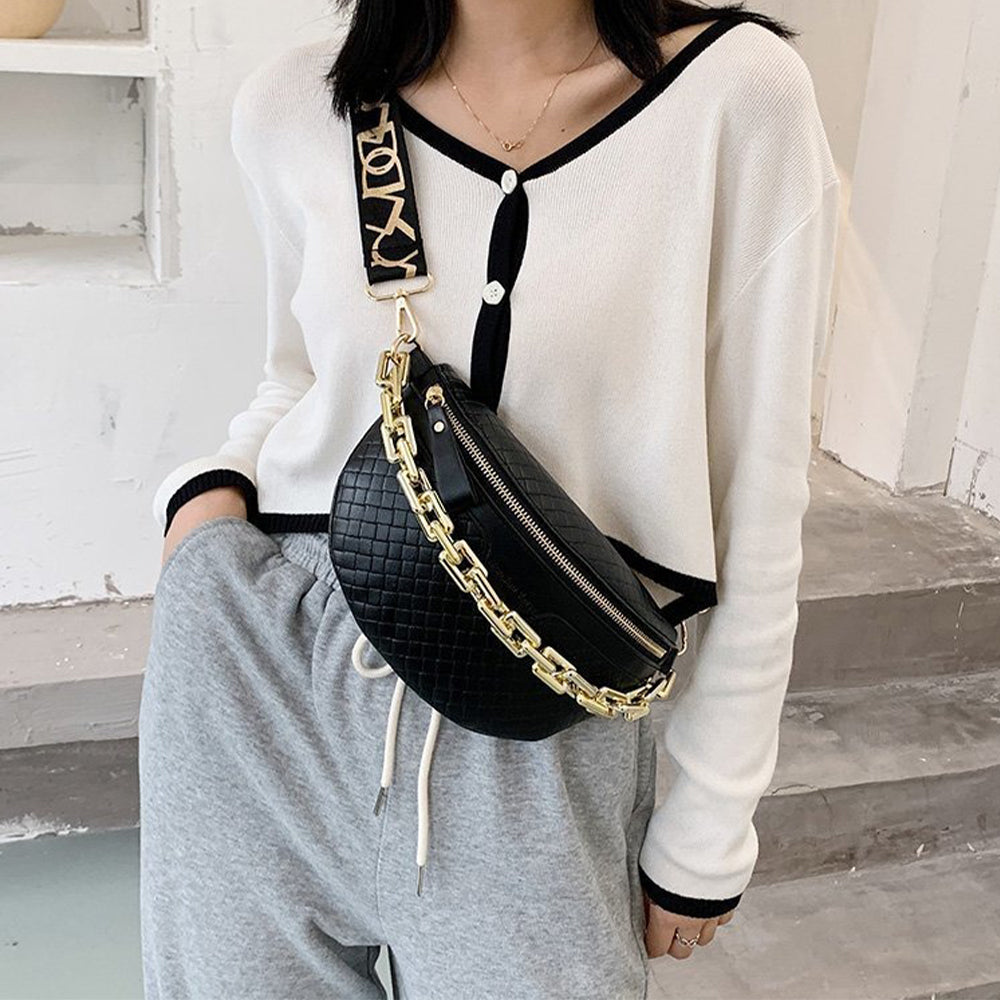 Geantă de umăr elegantă Dollcini din piele PU neagră – Geantă mini crossbody cu curea aurie pentru femei, Culori multiple