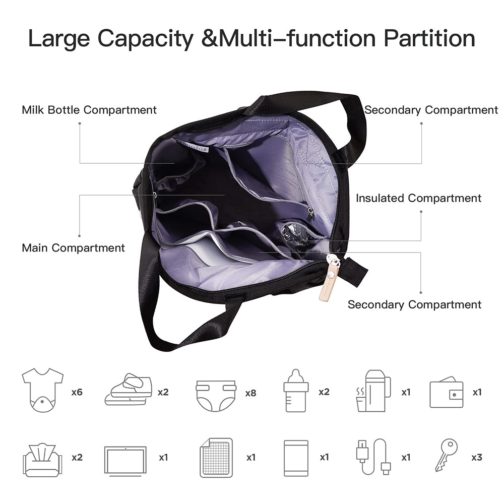 Rucsac Dollcini negru pentru bebeluși – stil minimalist, geantă impermeabilă pentru scutece cu fermoare aurii și capacitate mare