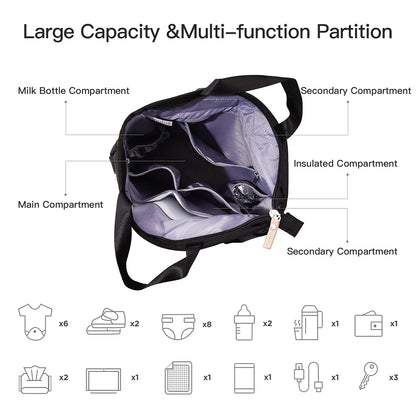 Rucsac Dollcini negru pentru bebeluși – stil minimalist, geantă impermeabilă pentru scutece cu fermoare aurii și capacitate mare