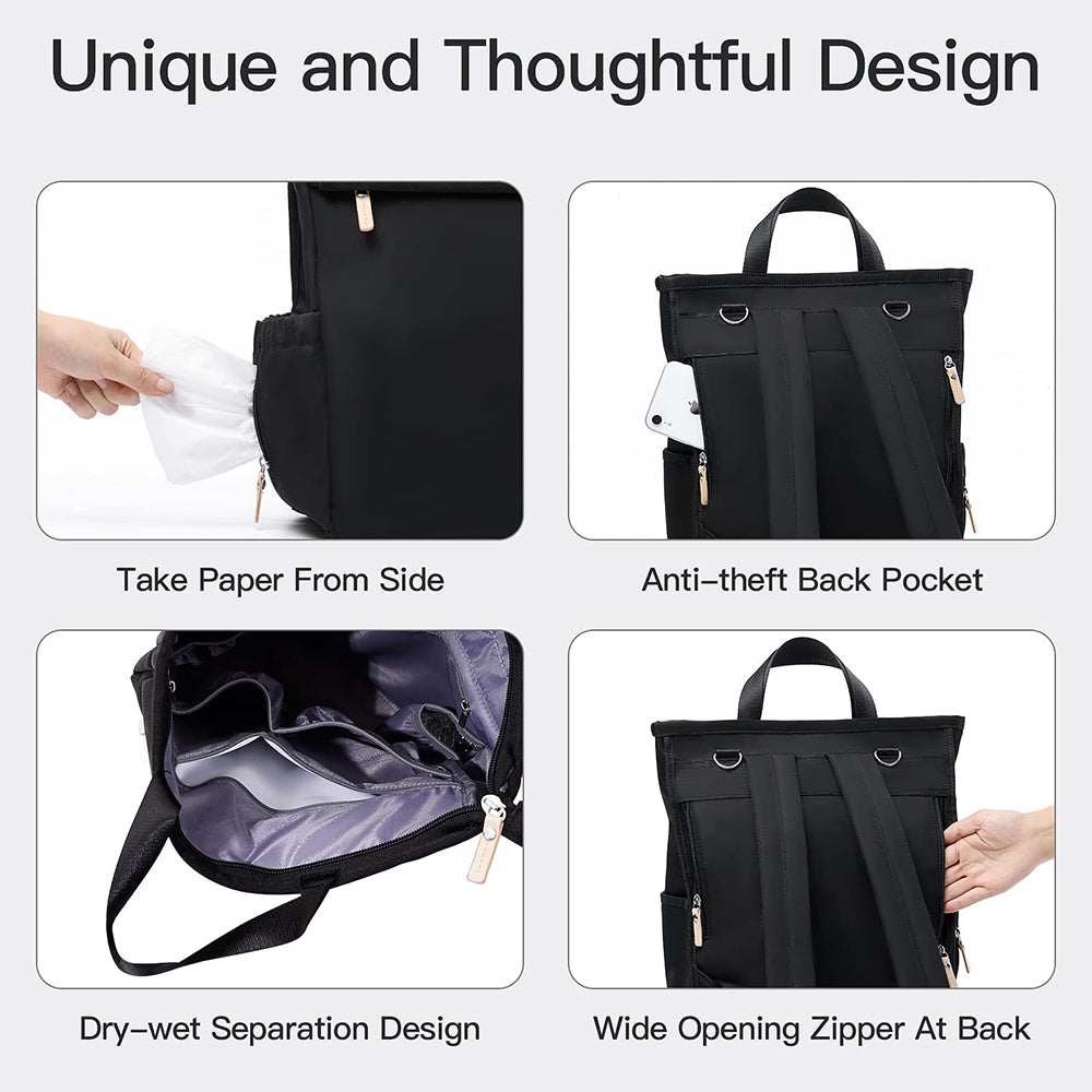 Rucsac Dollcini negru pentru bebeluși – stil minimalist, geantă impermeabilă pentru scutece cu fermoare aurii și capacitate mare