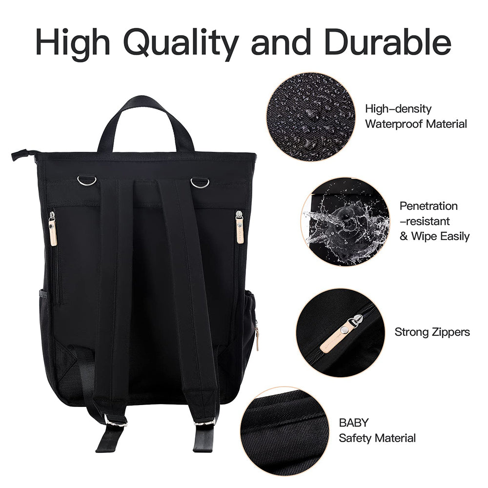 Rucsac Dollcini negru pentru bebeluși – stil minimalist, geantă impermeabilă pentru scutece cu fermoare aurii și capacitate mare