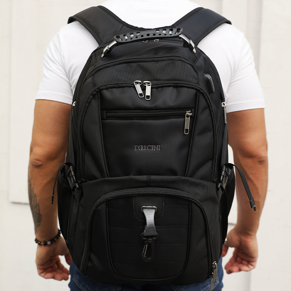 Dollcini, Rucsac unisex pentru laptop, impermeabil, cu port de încărcare USB, Negru