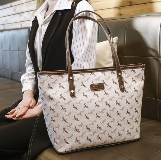 Geantă elegantă de damă Dollcini cu model - geantă clasică din piele PU maro cu motiv ecvestru, curea laterală reglabilă, albă