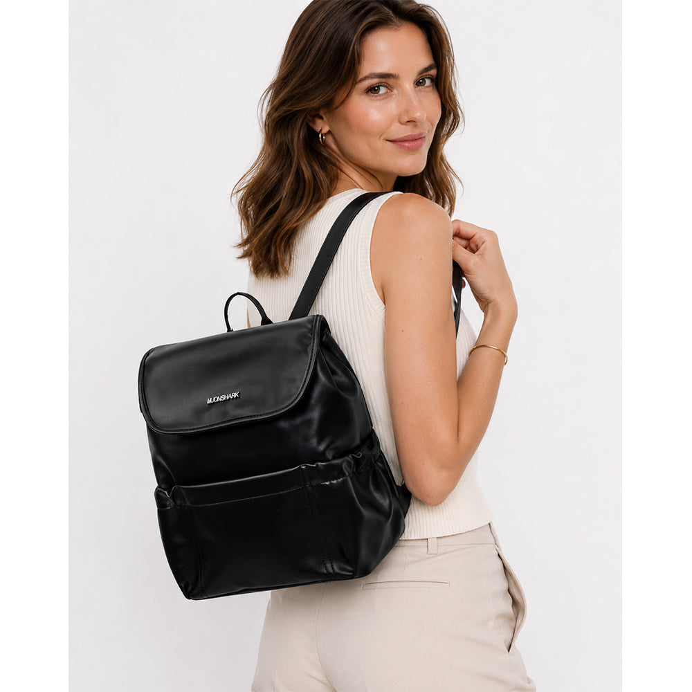 Rucsac Dollcini la modă pentru femei, capacitate mare - curea din piele PU, minimalist, pentru școală, serviciu și călătorii, negru strălucitor