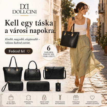 Dollcini Női Kézitáska Szett – 6 db-os Elegáns Műbőr Táska Szett,Tiszta Fekete