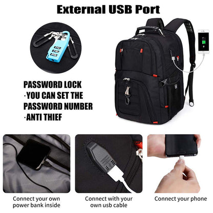 Dollcini, Rucsac unisex pentru laptop, impermeabil, cu port de încărcare USB, Negru