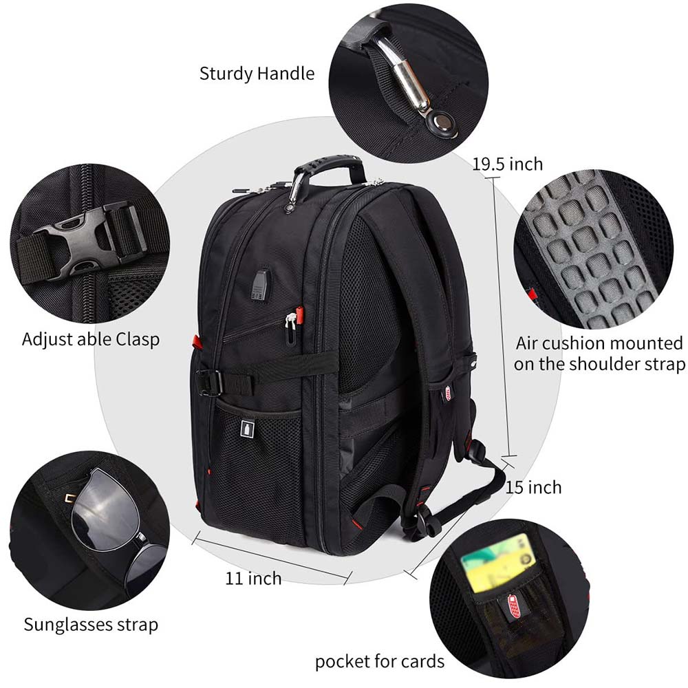 Dollcini, Rucsac unisex pentru laptop, impermeabil, cu port de încărcare USB, Negru